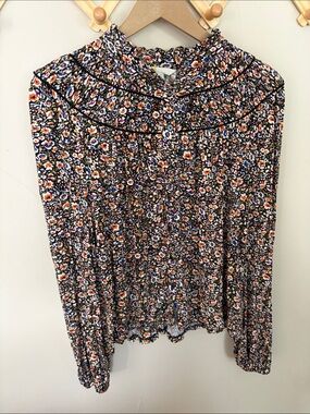 Boden Black Multi Floral Smocked Yoke Long Sleeve Blouse